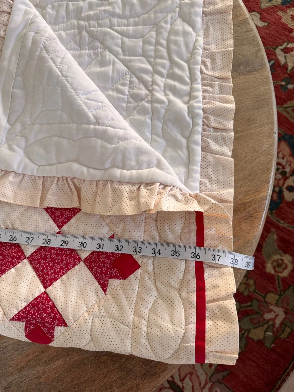 Vintage Handmade Flying Geese quilt pattern Red Cream Micro Floral Ruffle edge